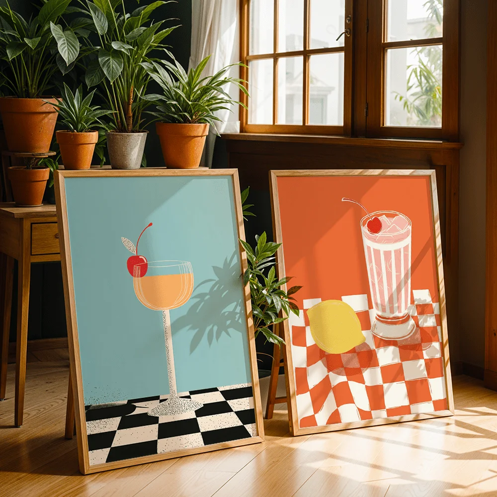 2pcs frameles,2pcs Vintage Checkered Rooster Cocktail Juice Themed Wall Art Canvas Poster Drink Themed Living Room Bedroom Home