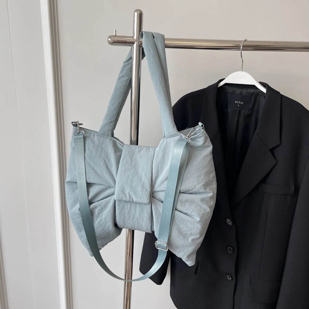 

Korean Style Ruched Bowknot Shoulder Bag Cotton Padded Soft Nylon Quilted Tote Bag Large Capacity Stylish Crossbody Bags Woman