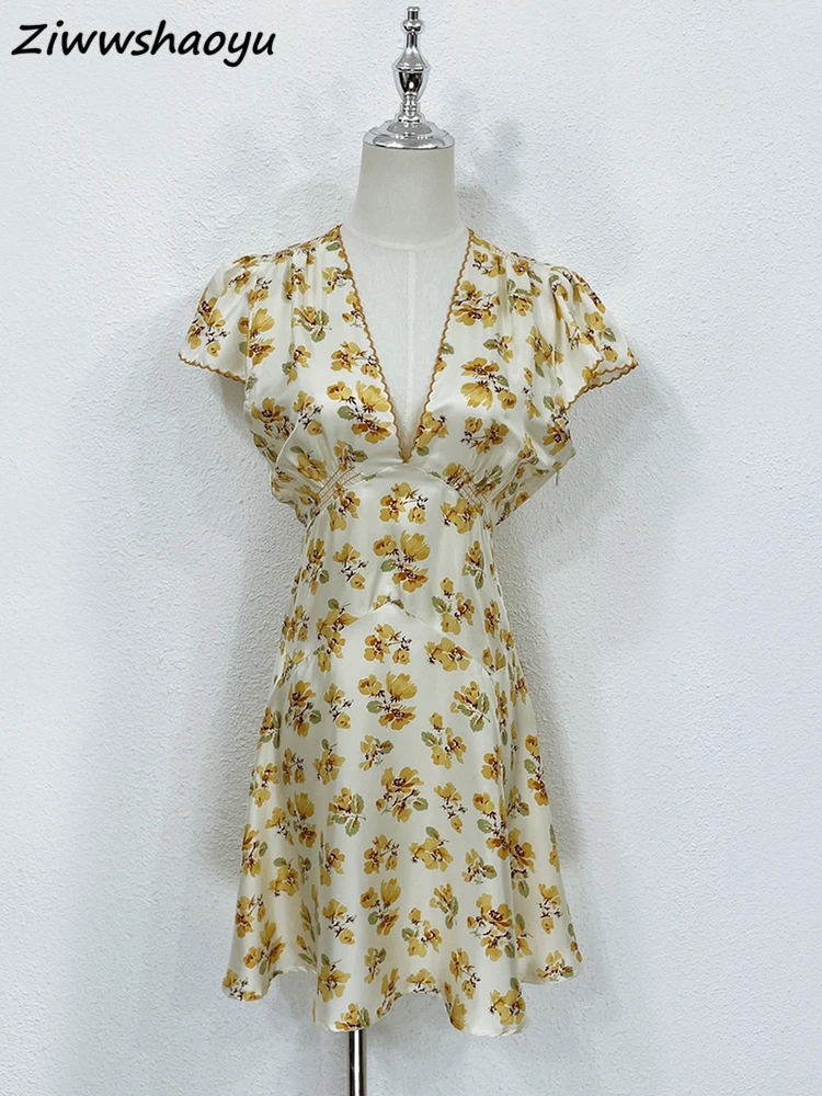 

High Quality Summer Women Fashion Runway Designer Short Sleeve Floral Printed High Waist Beach Holiday A-Line Mini Dresses