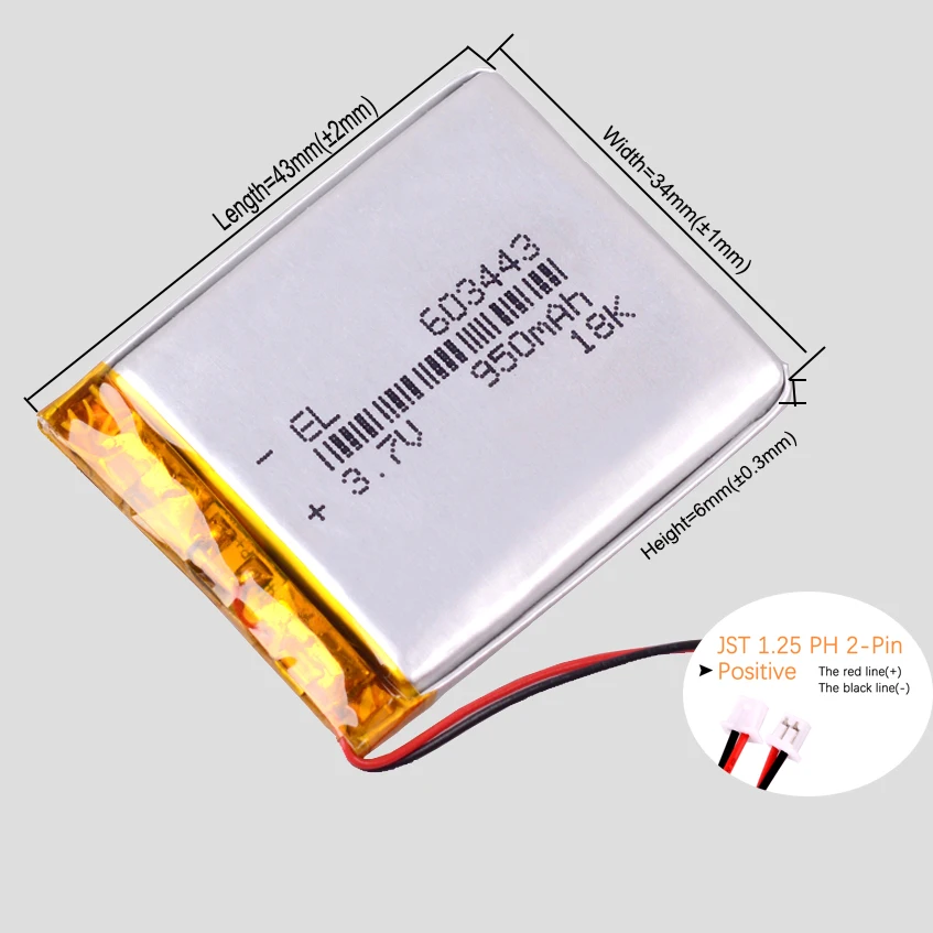 JST1.25 2Pin 3.7 V 103443 1500mah Rechargeable Lithium Li-ion Polymer Battery 503443 603443 703443 803443