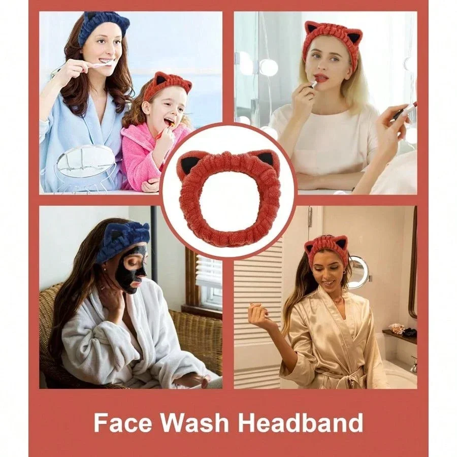 

2 Packs Cat Ear Spa Headband For Face Wash Makeup Skincare Women Soft Coral Fleece Hair Accessory