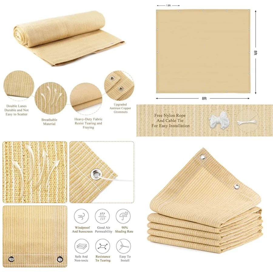 

90 Outdoor Sun Shade Cloth, 8' x 8', Pergola, Deck, and Backyard Patio Sunshade with UV Protection, Heat Resistant HDPE Materia