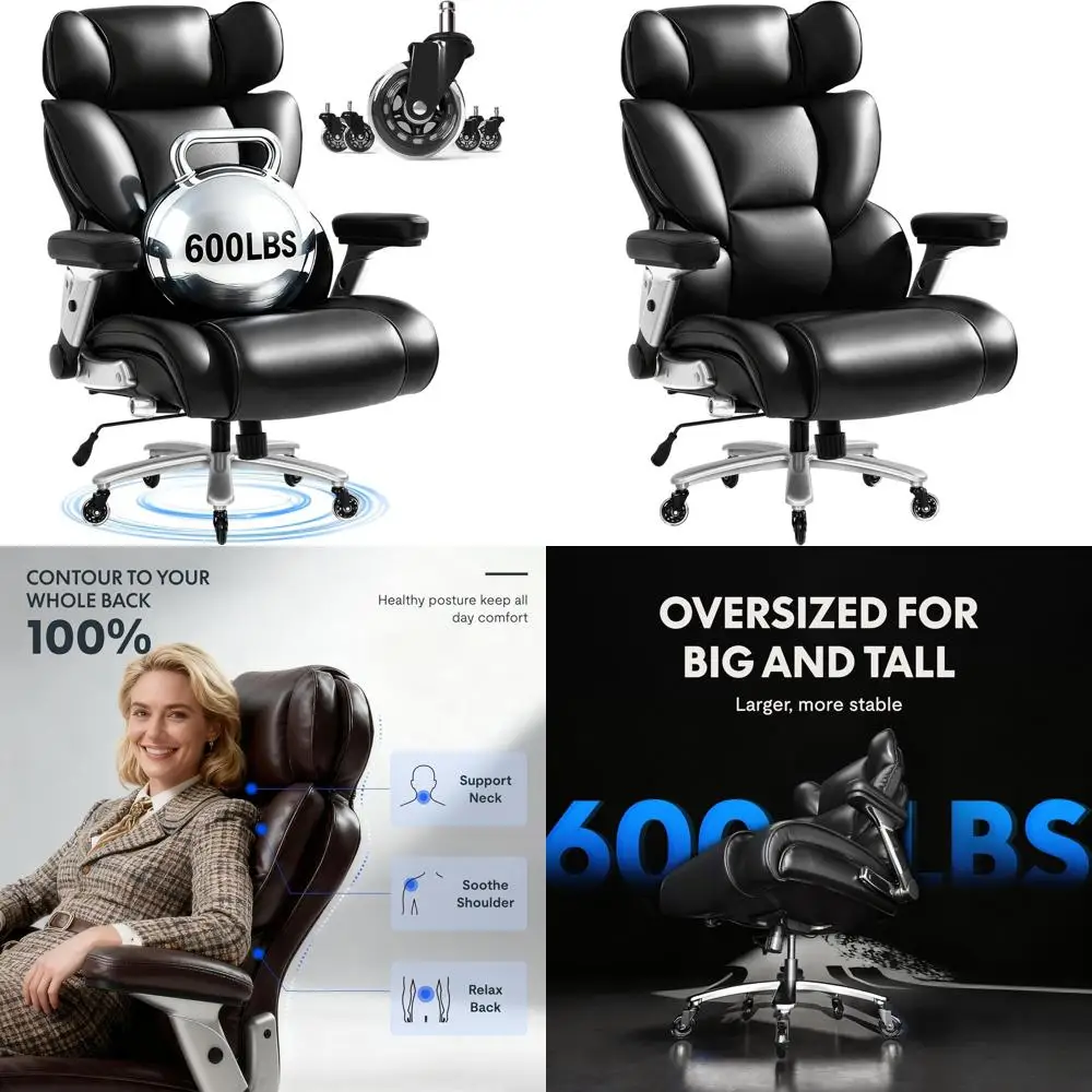 600lbs Capacity Large Ergonomic Office Chair with Lumbar Support and 2D Armrests for Home or Gaming, Black Leather