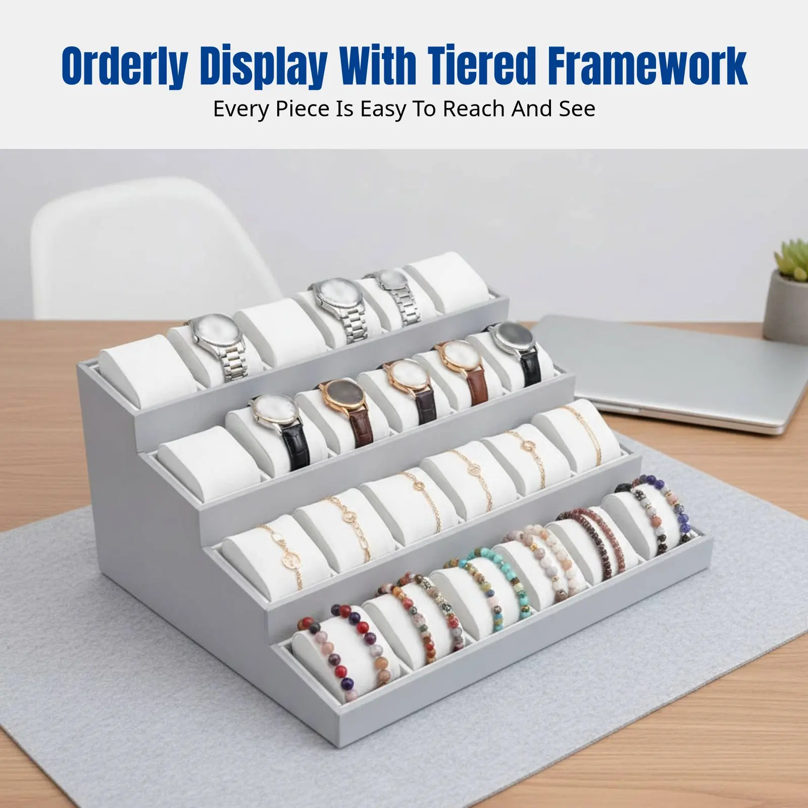 Tiered Jewelry Display Stand, Trapezoidal Watch & Bracelet Organizer, Multitier Pillow Tray for Streaming, Market Stall view 4