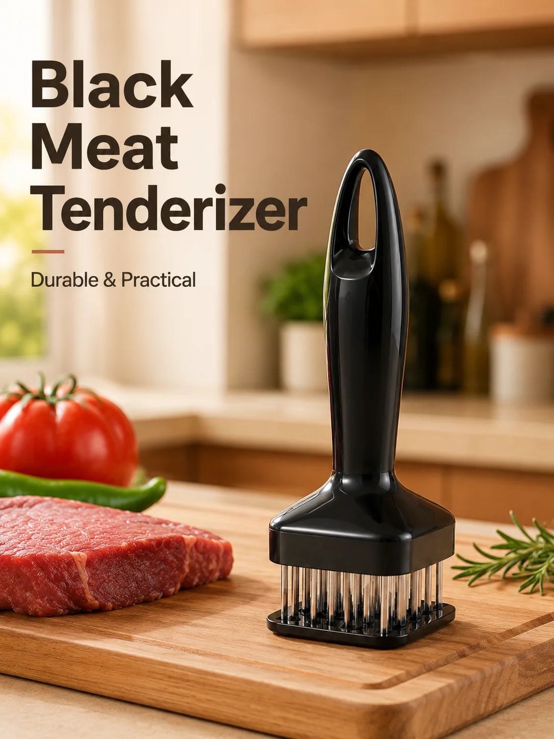 Ablandador de carne de 24 agujas, ablandador de carne con agujas de acero inoxidable y mango ergonómico negro, batidor de carne para una profunda absorción de marinada, para carne de res, cerdo, pollo, barbacoa, parrilla, preparación en la cocina y cocina casera
