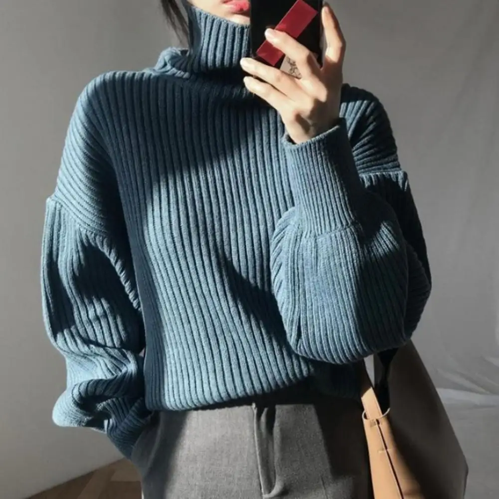 Women Sweater High Collar Neck Windproof Loose Thick Baggy Knitted Elastic Warm Fall Winter Pullover Lady Sweater