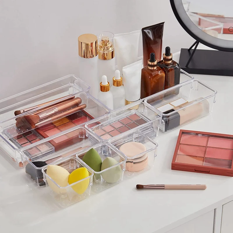 ABWR-25 buah Set organiser laci plastik bening laci meja pembagi nampan penyimpanan kotak pemisah untuk Makeup