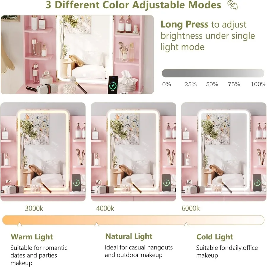 مكتب زينة صغير مع مرآة وأضواء مكياج مع أضواء LED مرآة زينة وردية مع مكتب مضاء وكرسي 3 إضاءة