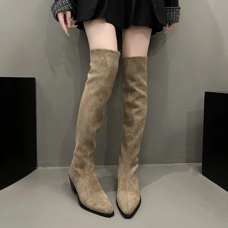 

2024 Women's Pointy Rider Boots Black PU Leather Over-the-Knee High Boots Women's Fall/Winter Warm Western Boots Wear Stacks