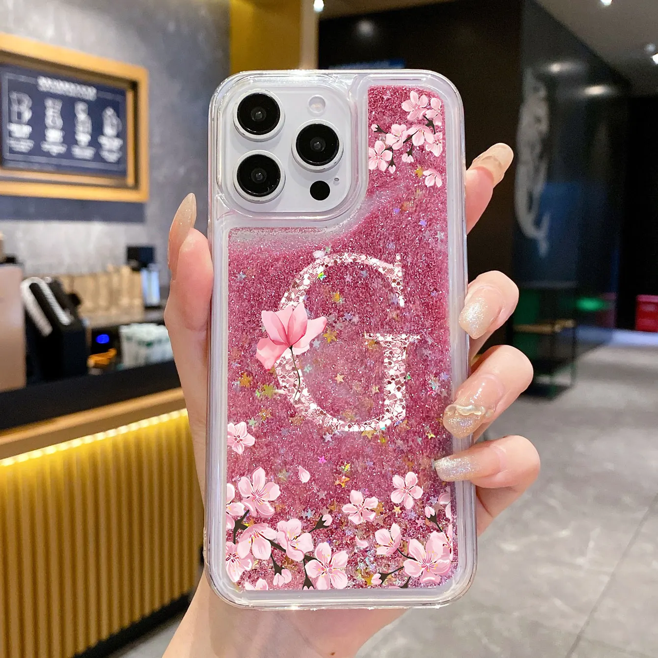 Coque de téléphone transparente de luxe en fleurs de cerisier, liquide dynamique, sable mouvant, pour iPhone 15 14 13 12 11 Pro Max, couverture arrière à paillettes