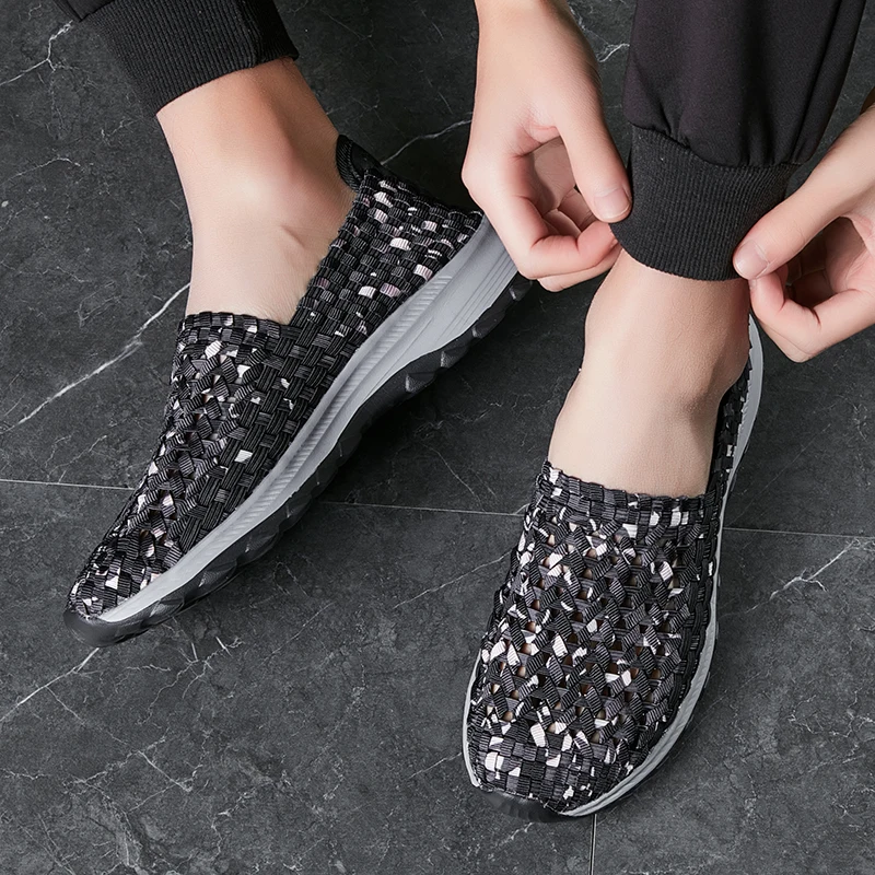 STRONGSHEN Summer Men Handmade Shoes Casual Shoes Breathable Flats Shallow Woven Walking Shoes Slip On Loafers Zapatos De Mujer