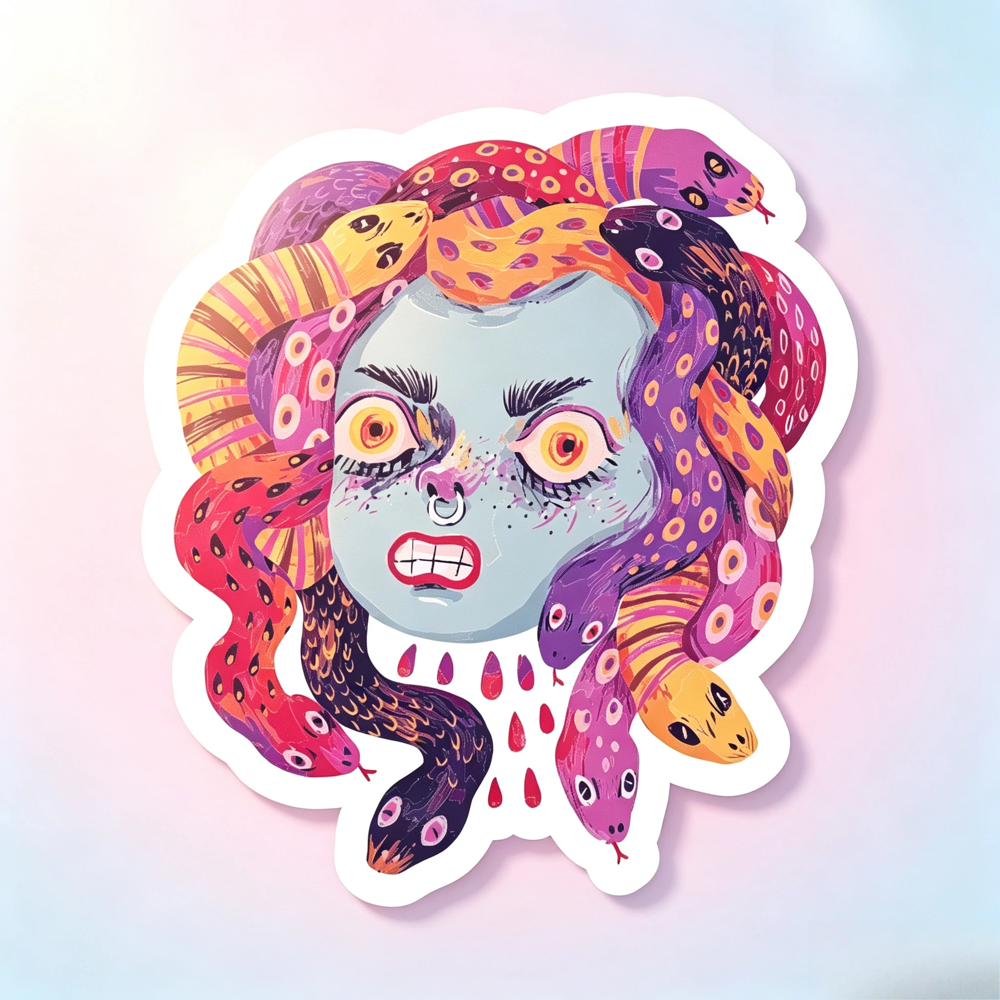 Colorful contrasting Medusa snake head dark cool illustration niche sticker, suitable for decorating water bottles and laptops