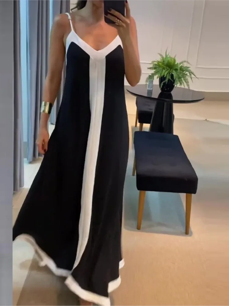 New Women Casual V Neck Long Dress Summer Chic Stitching Color Loose Hem Dresses Elegant Backless Sleeveless Sling Maxi Dresses