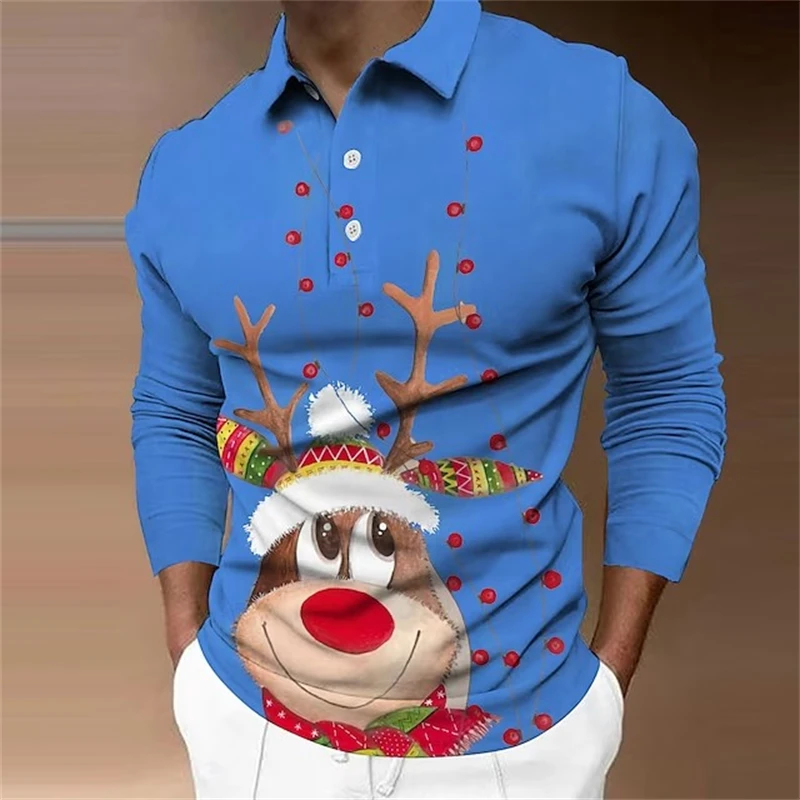 Cute Christmas Festival 3D Graphic Long Sleeve Polo Shirt For Mens Clothes Fresh Casual Fashion Male Lapel Shirts Comfy Tops