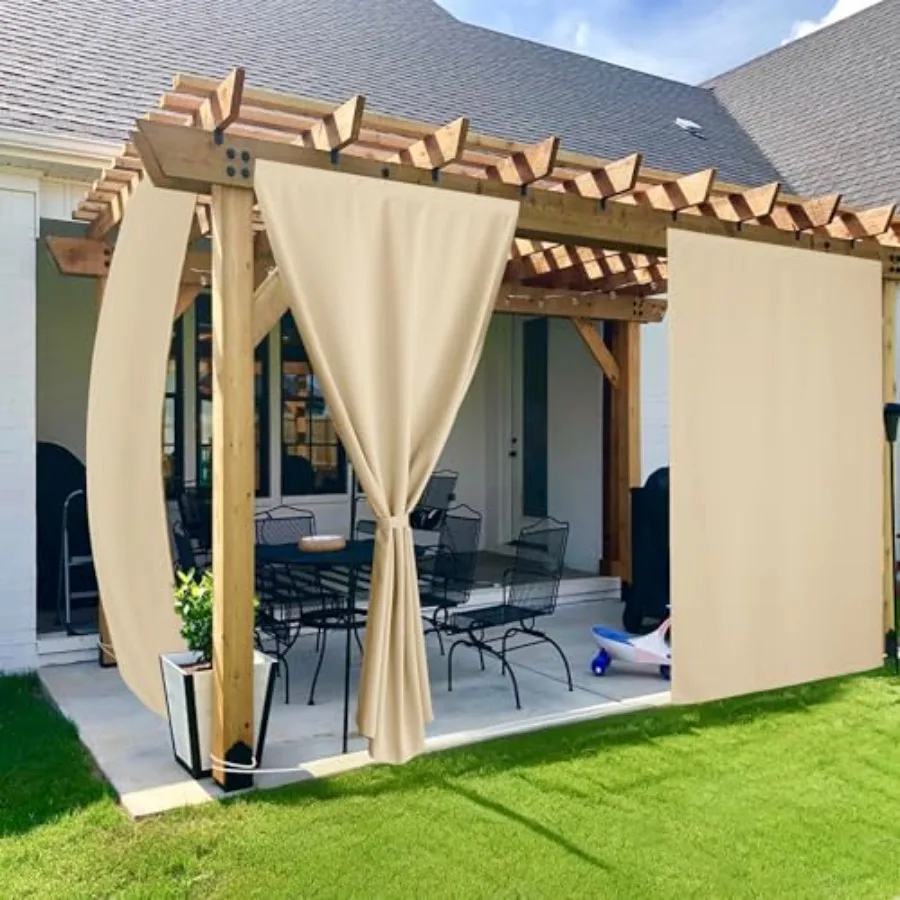 

Outdoor patio curtains for gazebo/porch: waterproof polyester, beige, rod-free design with sticky top, back tab bottom, and win