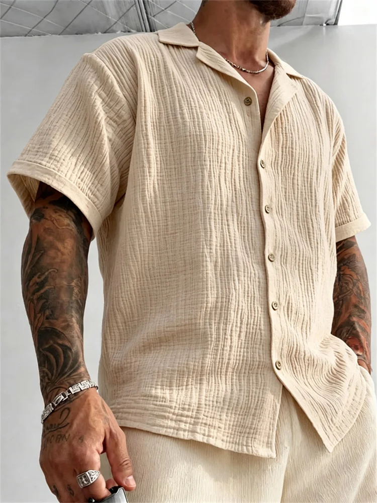 Men's Cotton Short Sleeve Shirt Breathable Cozy Single Breasted Tops Old Money Cuban Collar Fashion Solid Color Casual Shirts