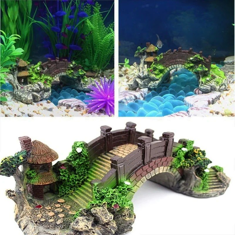 Aquarium Fish Tank Vintage Decorative Bridge Landscape Ornaments Pavilion Tree Plants Resin Design Pet Supplies Home Decorations