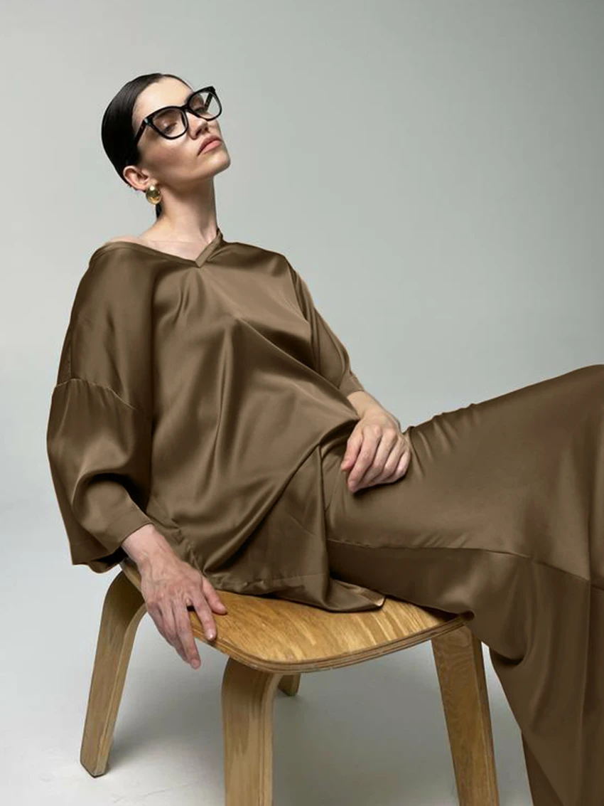 Marthaqiqi Casual Ladies Pajamas Set V-Neck Sleepwear Three Quarter Sleeve Nightgowns Long Skirt Female Nightwear 2 Piece Suits