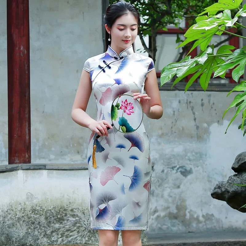 Spring and Summer New Improved High Quality Real Silk Printed Mid-Length Cheongsam Qipao Women's Dress