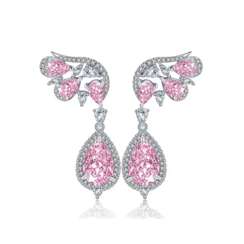 RUIF 2024 Hot Sale S925 Silver Pear Shape Pink Color Earrings for Women Ice Cut Zirconia New Fashion Jewelry