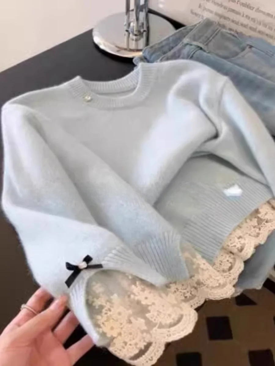 Blue Knitted Sweater Women's Inner Lace Trim Soft Sweet Pure Desire Gentle Style Fall Winter Warm  Knot Knit Top