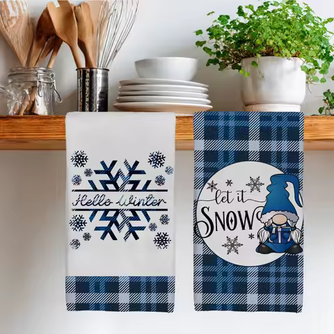 2pcs Christmas Blue Grid Dwarves Kitchen Dish Towels Bathroom Drying Cleaning Cloth Navidad Natal New Year Gift Home Decoration