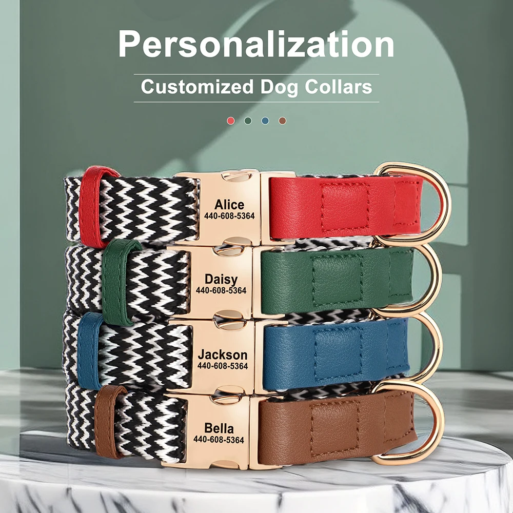 Custom Nylon Dog Collar Durable PU Leather Dog Collars Necklace Personalized Pet ID Collars for Small Medium Large Dogs Party