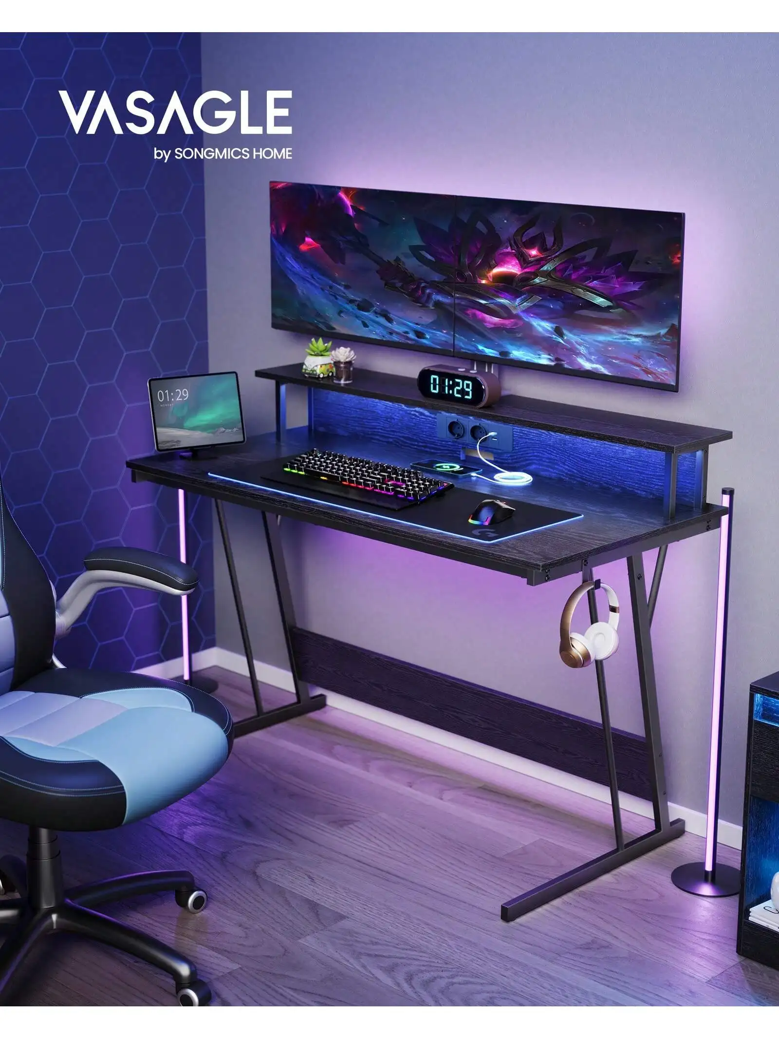 Scrivania da gioco VASAGLE: luci a LED, prese integrate. Scaffale per 2 monitor. Tavolo da ufficio/camera da letto. 55x135x76 cm. Ebano Nero.