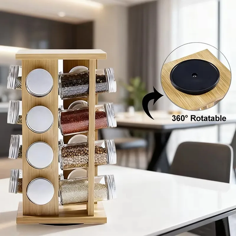 Wooden Rotating Spice Rack with Multiple Levels for Kitchen Seasoning Storage