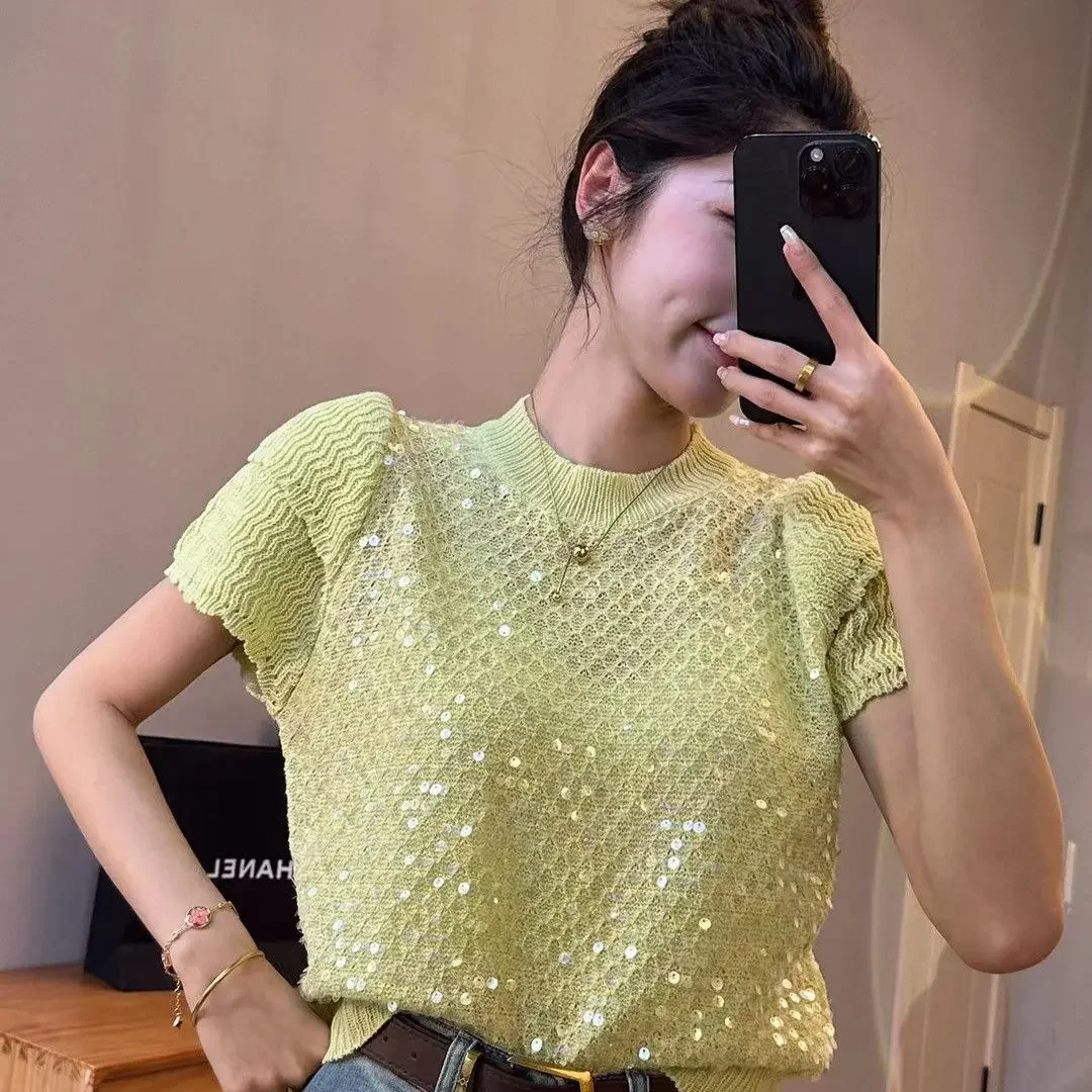 French style sequin round neck flower bud short sleeved knitted sweater for women\'s spring new gentle style loose top