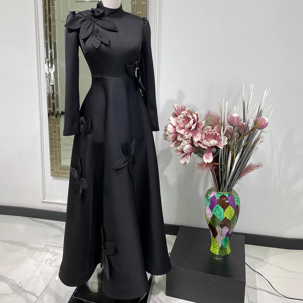 

Customized A-line Evening Dresses Floor-length High-neck Full Sleeve Prom Gown Fashion Flowers Sequined Simple Draped Party Gown