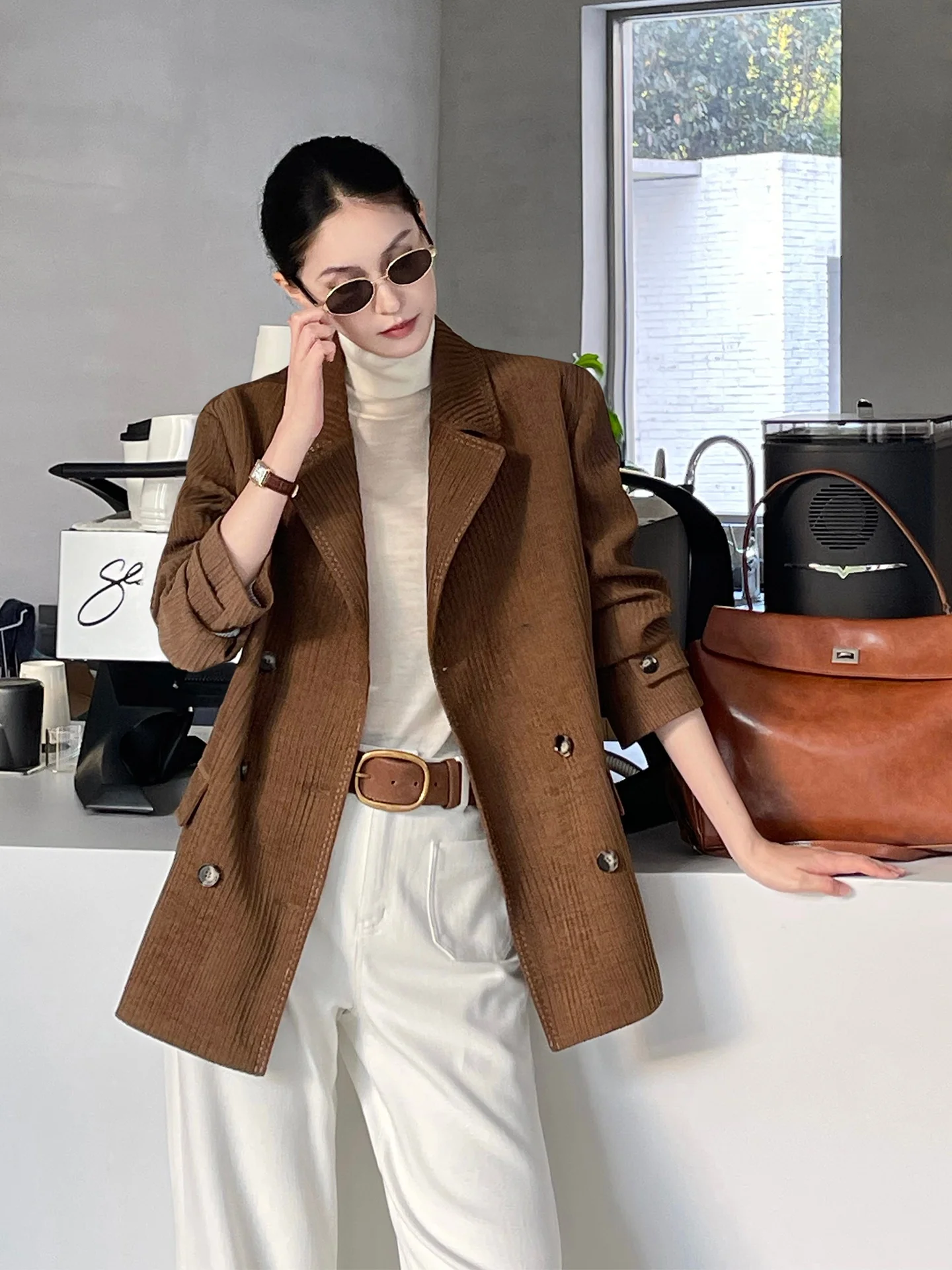 

Jieji Zhang Qi Spring Commute Vintage Corduroy Women's Suit Jaet Vertical Stripes Casual Loose Fit Warm ort Coat