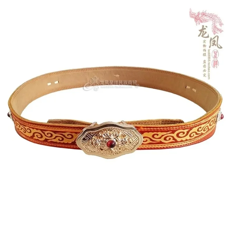 Mongolian Style Women's Handmade Pure Leather Auspicious Cloud Printed Adjustable Waist Belt