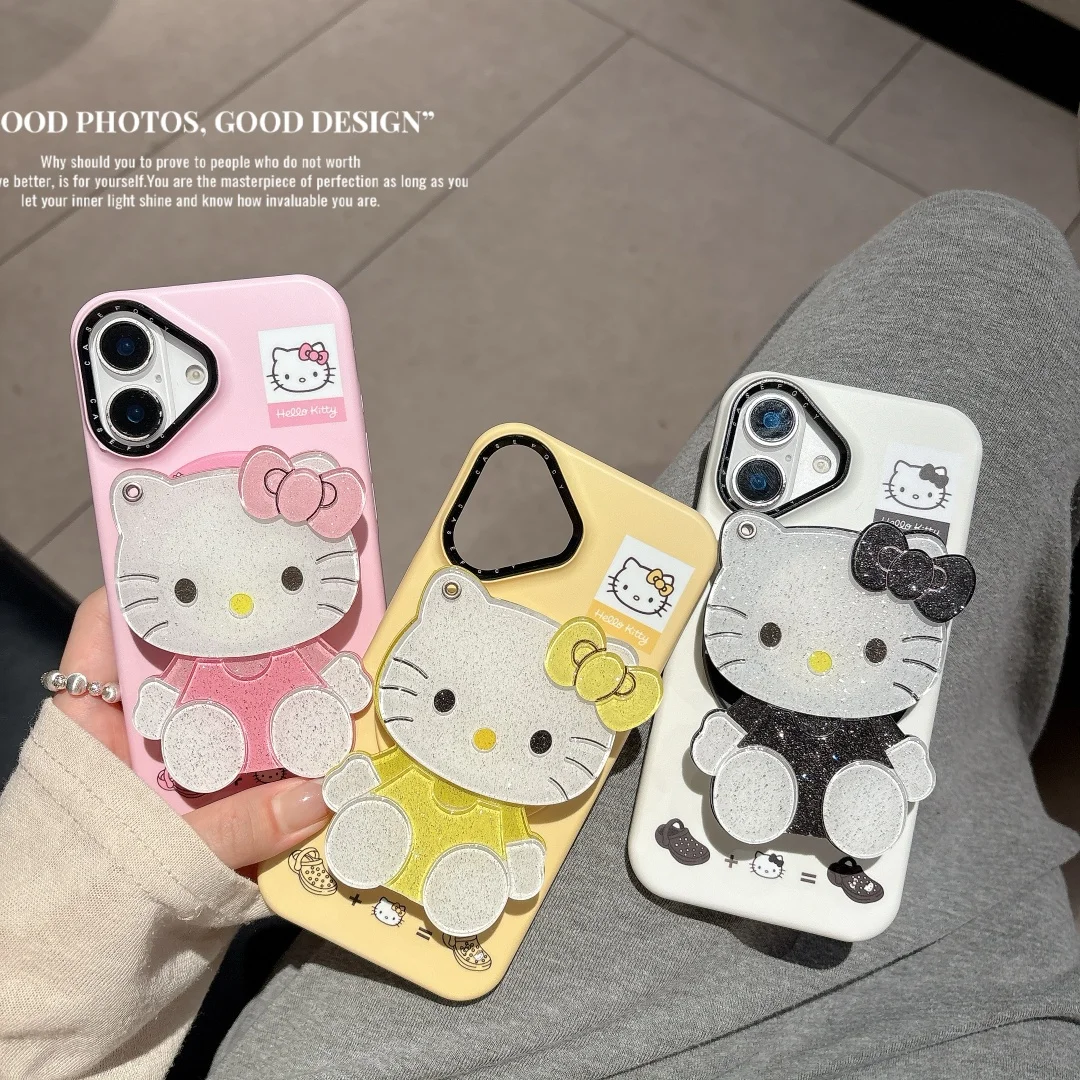 

Hello Kitty Kawaii KT Makeup Mirror with Rotate Magnetic Holder Phone Case For iPhone 16 15 14 13 Pro Max Wireless Charge Cover﻿
