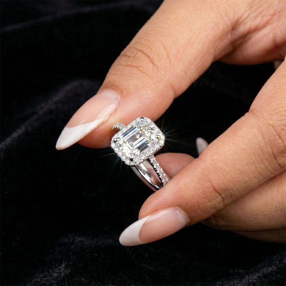 925 Sterling Silver 1‑2CT Emerald Cut Moissanite Engagement Ring for Women, Halo Half Eternity Wedding Ring, Fine Jewelry With Certificate for Birthday Party Anniversary Gift Accessories view 3