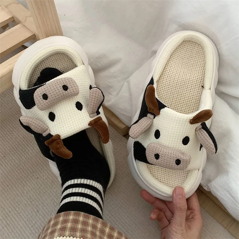 Four Seasons Universal Indoor Home Women Slippers Soft Cotton Linen Sandals Cute Cartoon Cow Linen Slippers Non-slip flip-flops