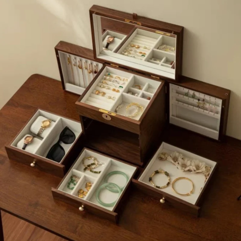 Drawer Jewelry Organizer Box Large Capacity Earrings Storages Boxes Wooden Ring Storage Case Women Necklace Collection Cases