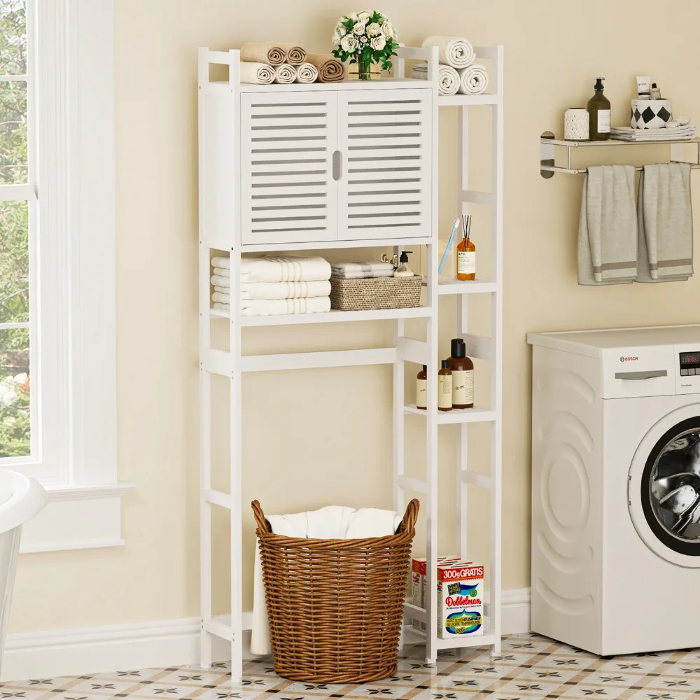 

White Over The Toilet Bamboo Cabinet Storage Organizer Bathroom 4 Tier Shelves