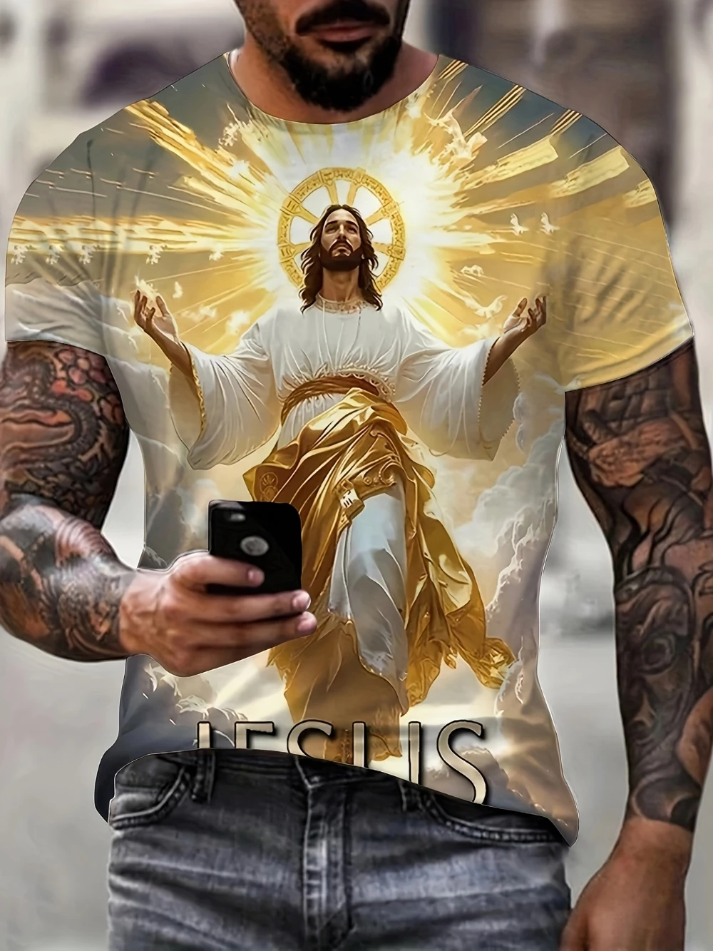تي شيرت يسوع مطبوع ثلاثي الأبعاد للرجال كاجوال برقبة دائرية نمط صيفي خفيف الوزن وجيد التهوية قميص بطابع الكتاب المقدس ملابس مسيحية
