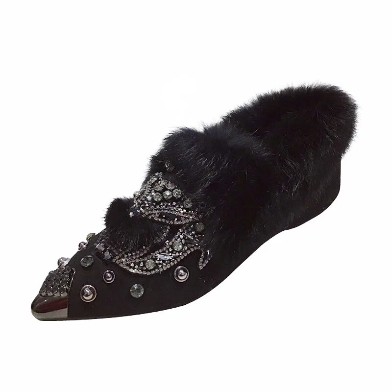 

Пушистые одинарные туфли с лисьей головой, женские теплые хлопковые туфли с острым носком и дрелями Tacones Bajos Sapatos Femininos Elegante