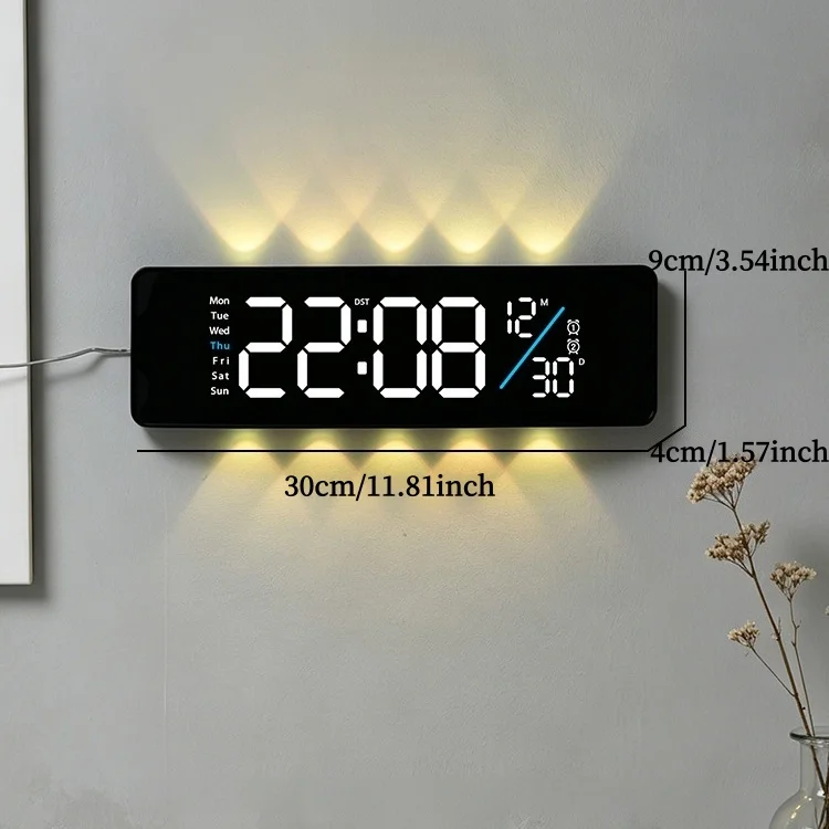 LED Wall Clock Week Date Display 2 Alarms Timer Brightness Adjustment Silent Spotlight Digital Clock Decor with Ambient Light