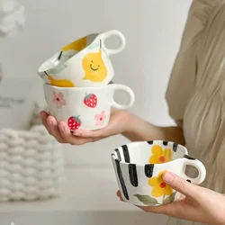 300ml Cute Hand Pinched Ceramic Mugs Hand drawn Flowers Coffee Cup Student Breakfast milk oatmeal cup Gift Office Water cups