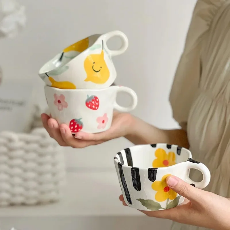 300ml Cute Hand Pinched Ceramic Mugs Hand drawn Flowers Coffee Cup Student Breakfast milk oatmeal cup Gift Office Water cups