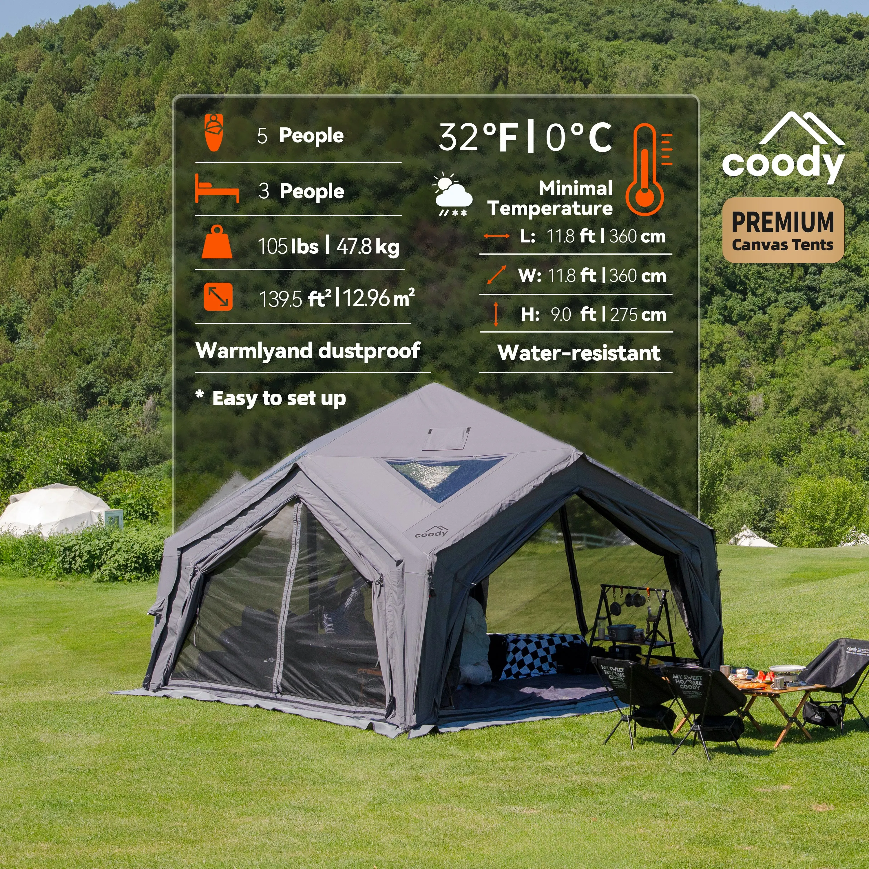 Coody Hub Station Air Tent-Gray Camping Air Tent UV Protected Inflatable Tent with High Quality Materials