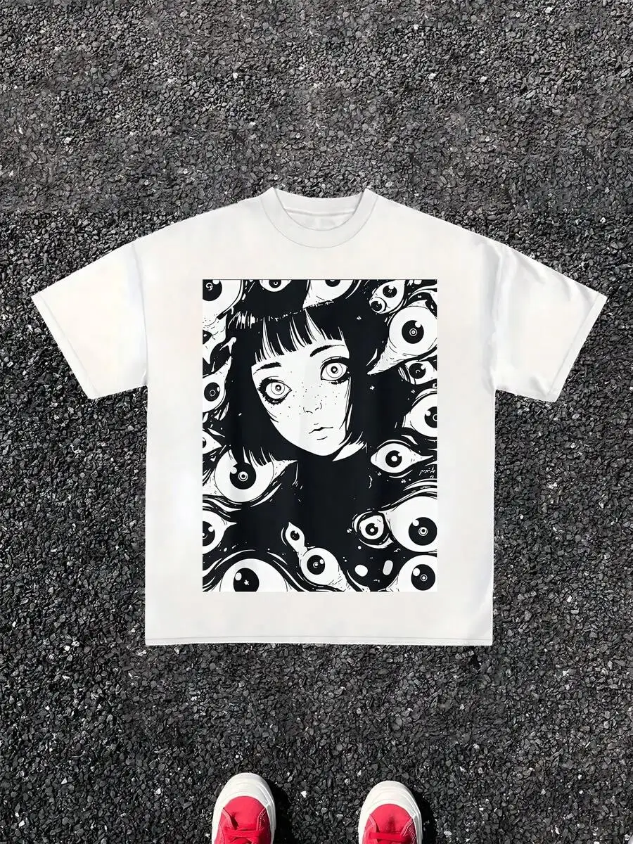 1pcs Men Surreal Eyes And Girl Graphic Tee Print T Shirt Abstract Art 100% Cotton T Shirt Streetwear