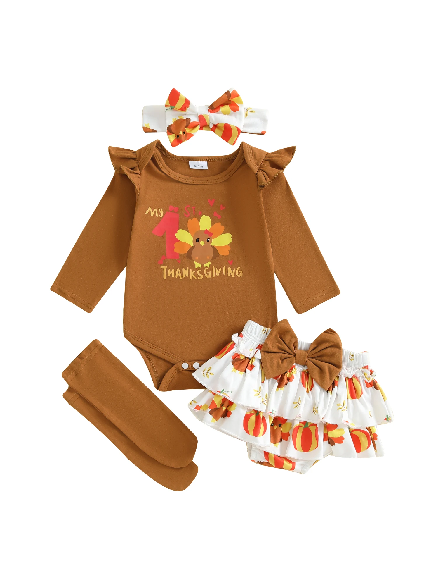 Adorable Baby Girls Autumn Ensemble with Long Sleeve Turkey Print Romper Skirt Shorts Headband and Socks - Complete Infant