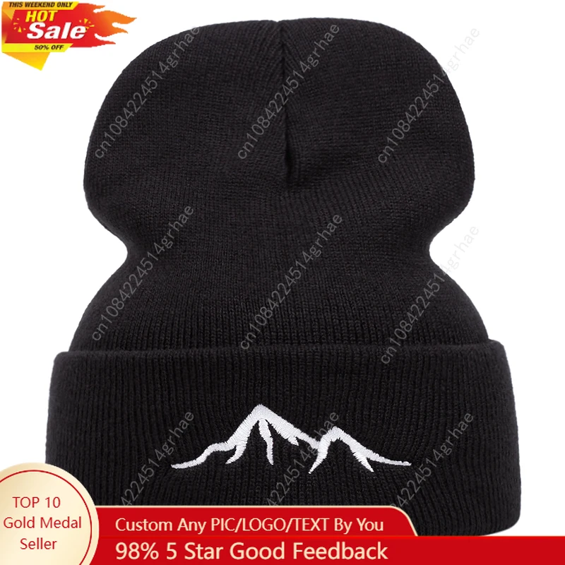 Mountain scenery embroidered knitted hat, warm woolen hat for autumn and winter outdoor sports events, casual