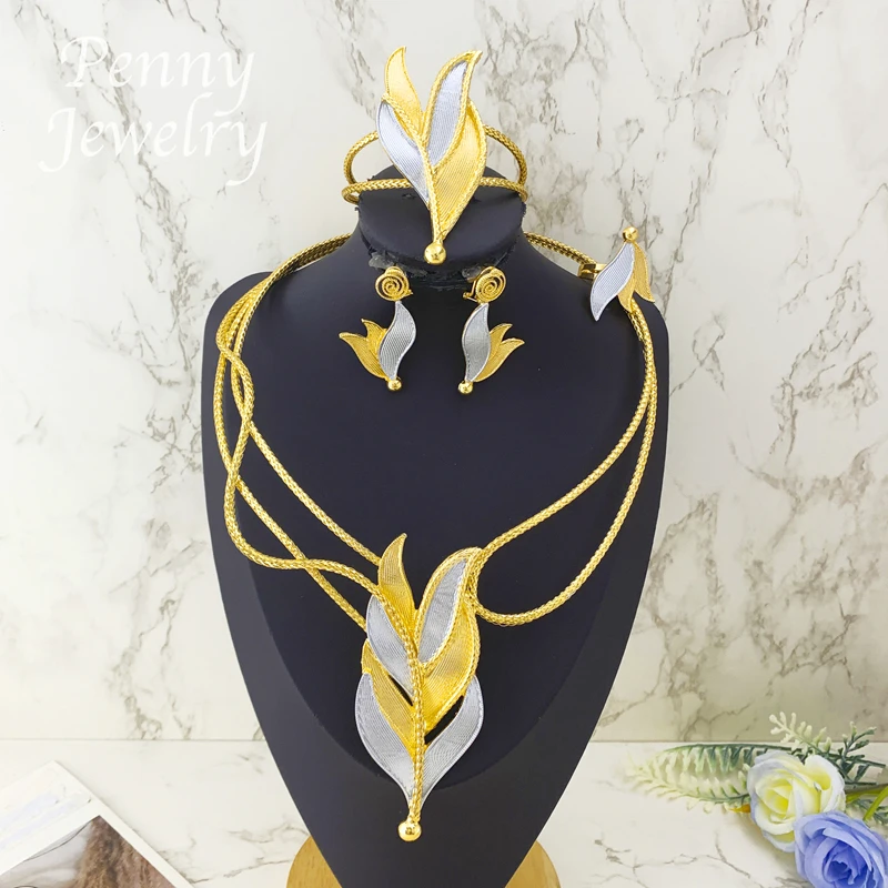 

Leaf Shaped Collar Chunky Choker Gold Plated Jewelry Set for Women Necklace Earrings Bracelet Ring Bridal Wedding Party Gifts