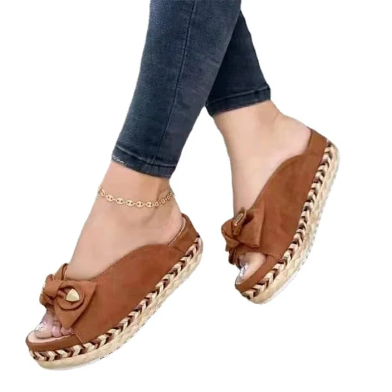 Women Woven Thick Sole Slippers Soft Stitching Ladies Sandals Comfortable Flat Sandals Women Open Toe Beach Shoes Woman Footwear