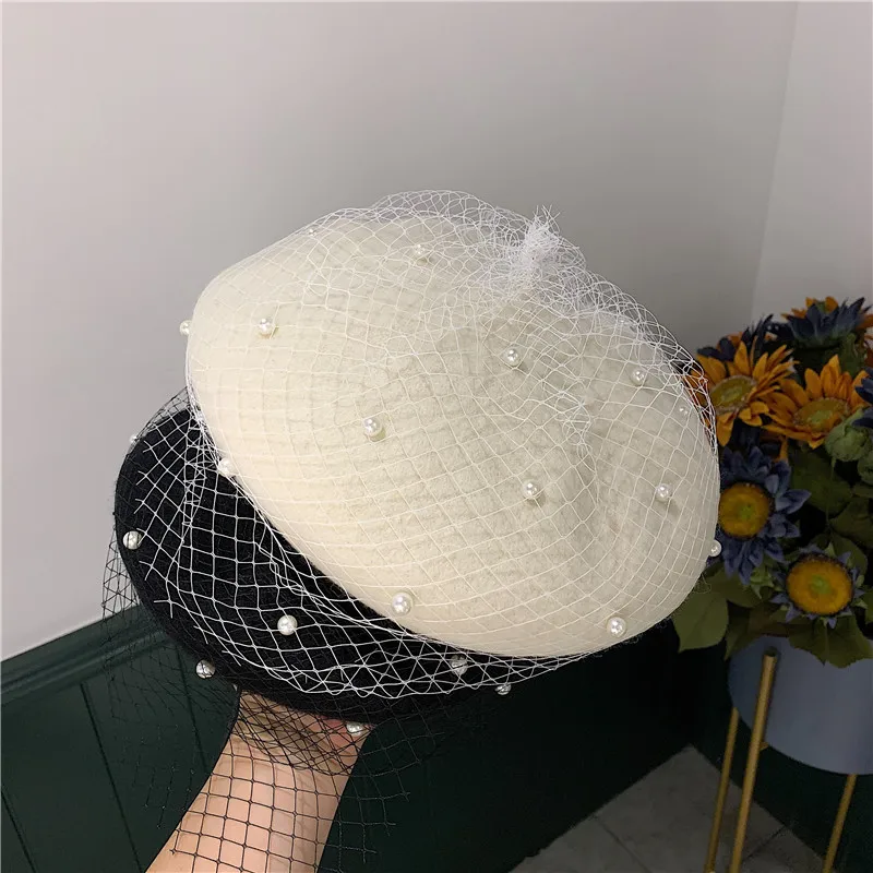 New Fashion Autumn Winter Female Beanie Beret Pumpkin Women Mesh Veil Wool Beret Luxury Sparkling diamond Pearl Painter Hat